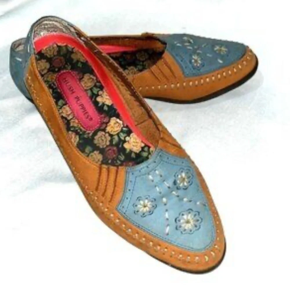 Hush Puppies Women’s Bailey Sip On Leather Loafers Size 7.5N Brown Blue Comfy